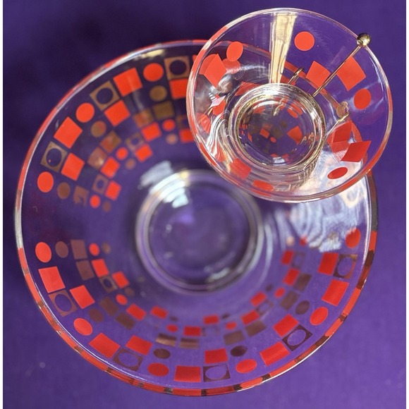 MCM Vtg Anchor Hocking 2 Tier Chip and Dip Bowl Set Geometric Red Gold - Picture 2 of 8